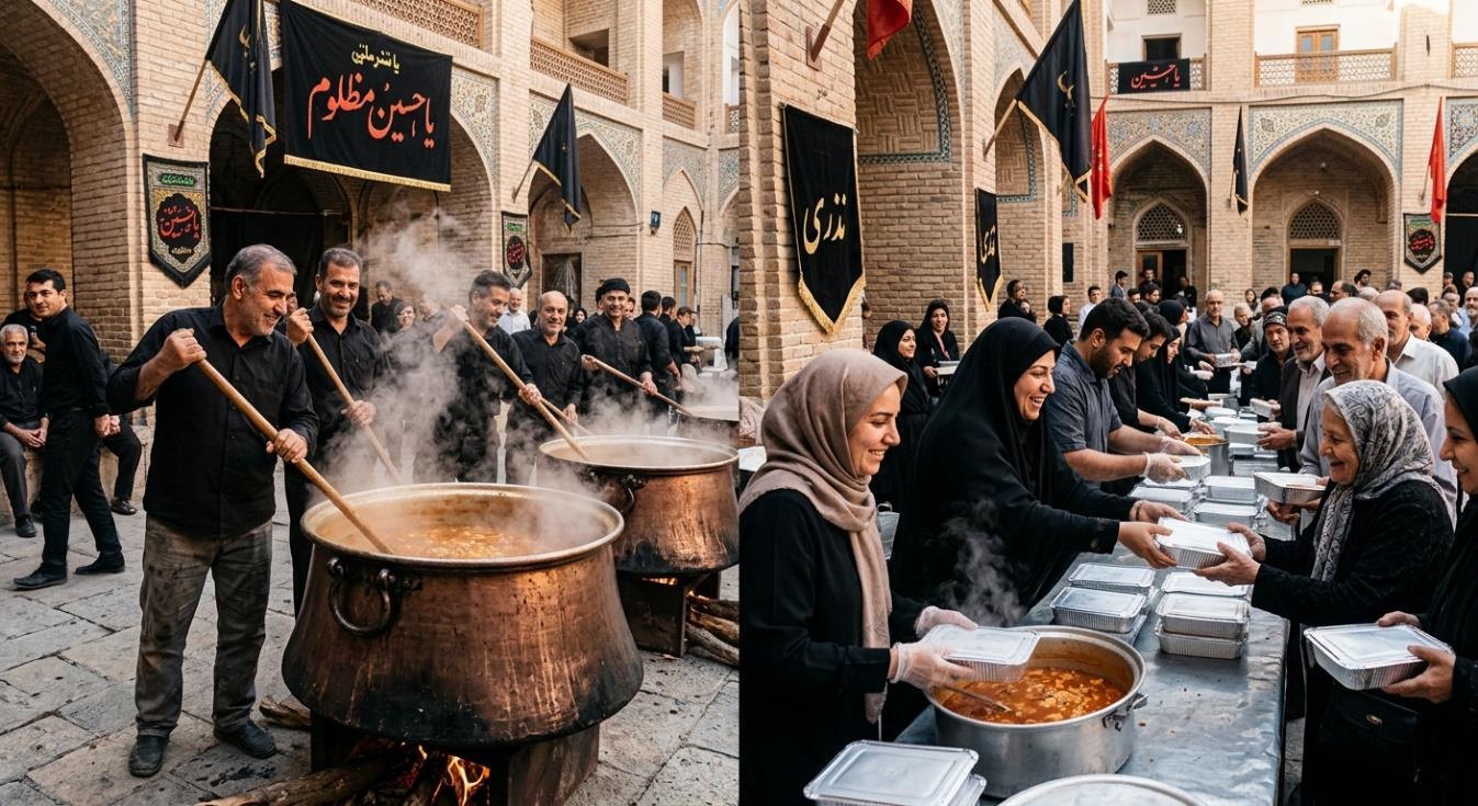پخت و توزیع حلیم نذری در حیاطی با معماری ایرانی