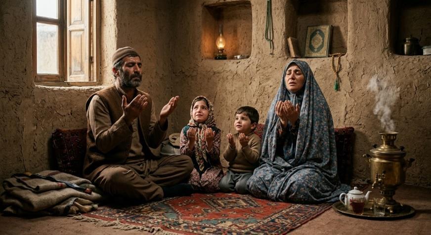 خانواده‌ای در خانه‌ای روستایی در حال دعا