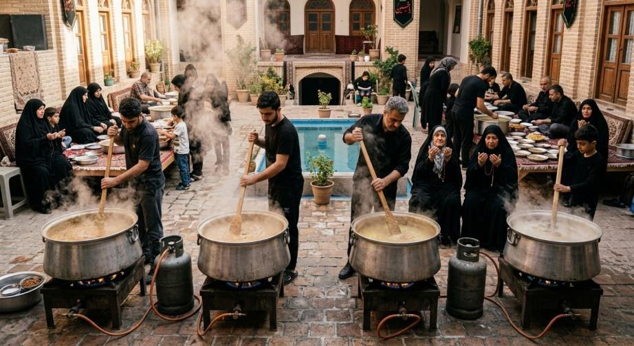 چهار دیگ حلیم نذری و گروهی از همراهان در حال هم‌زدن حلیم