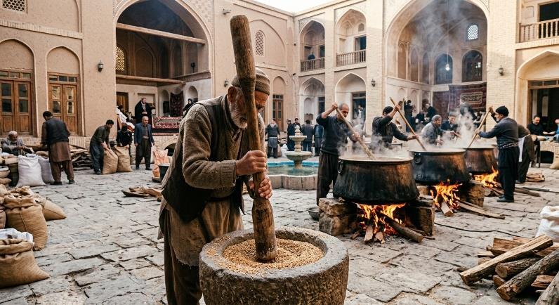 مردی در حال کوبیدن گندم به روش سنتی در کنار دیگ‌های نذری