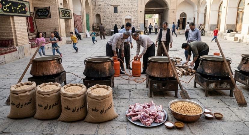 مواد اولیه و دیگ‌های آماده پخت حلیم در حیاط